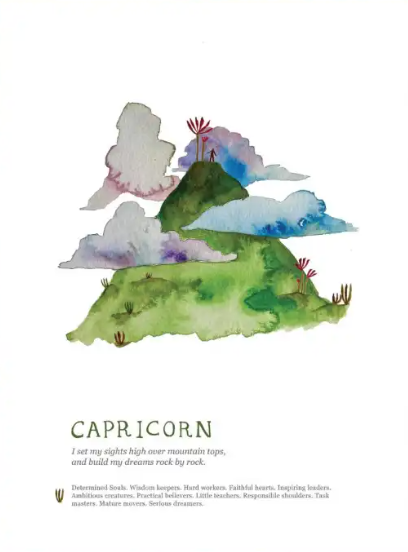 Illustration of a mountain landscape with water colour effects and the zodiac Capricorn below.