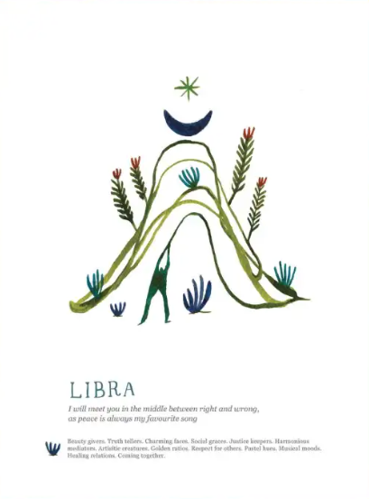Illustration of Libra zodiac sign with astrological symbol and plant elements on a white background.
