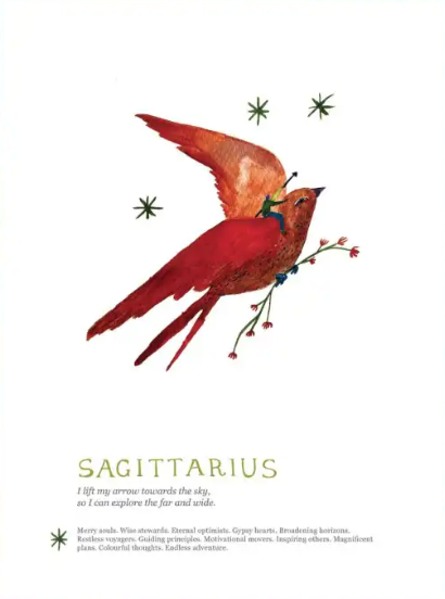 Illustration of a red bird with stars and the word 'Sagittarius' on a white background