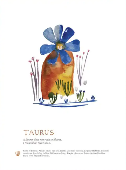 Illustration of a blue and orange flower with text below on a white background