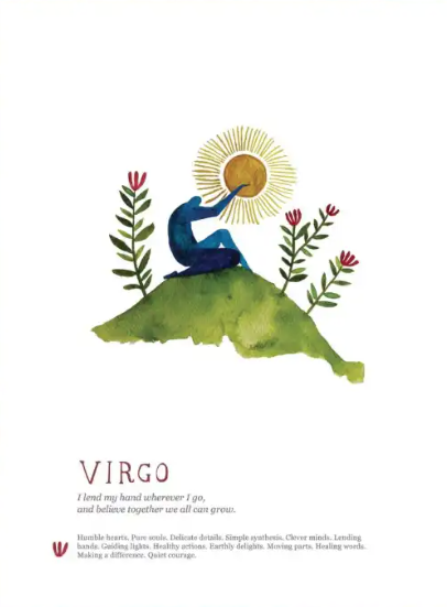 Illustration of a person on a mountain with plants and a sun, labeled 'Virgo'.