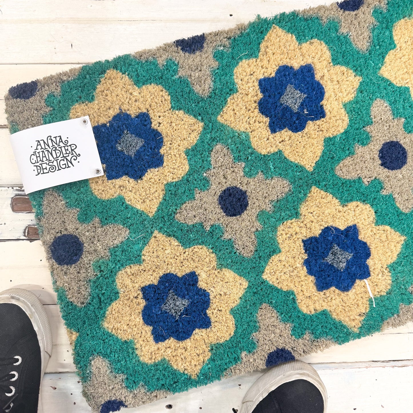 Floral patterned doormat with blue and yellow flowers Anna Chandler Design - Florentine Doormat