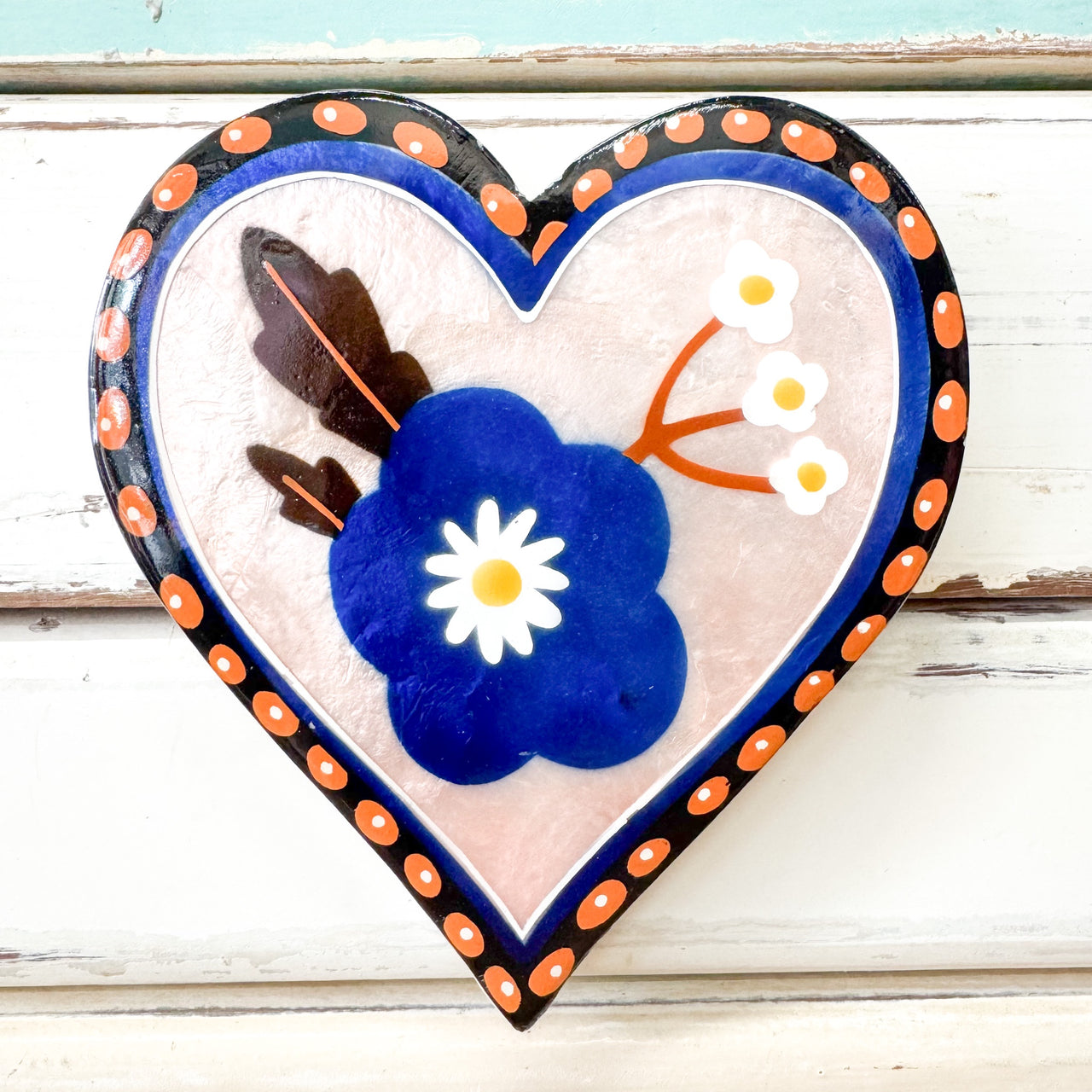capiz shell wall art with blue flower on heart shape
