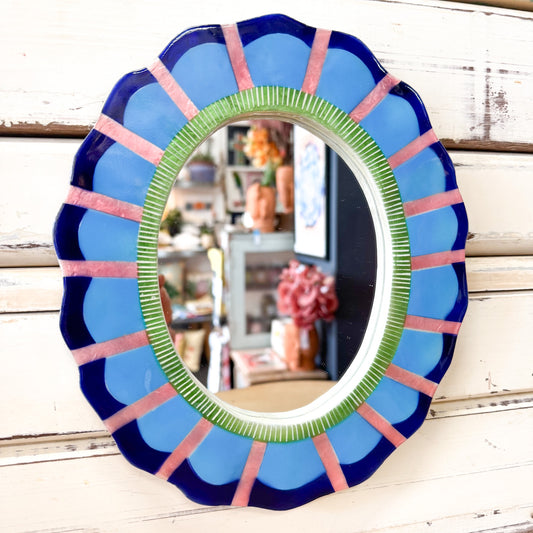 Jones and Co BLUE SCALLOP EDGED CAPIZ SHELL MIRROR IN OVAL SHAPE