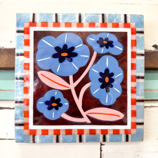 Jones and Co square capiz shell art tile with blue patterns & flowers