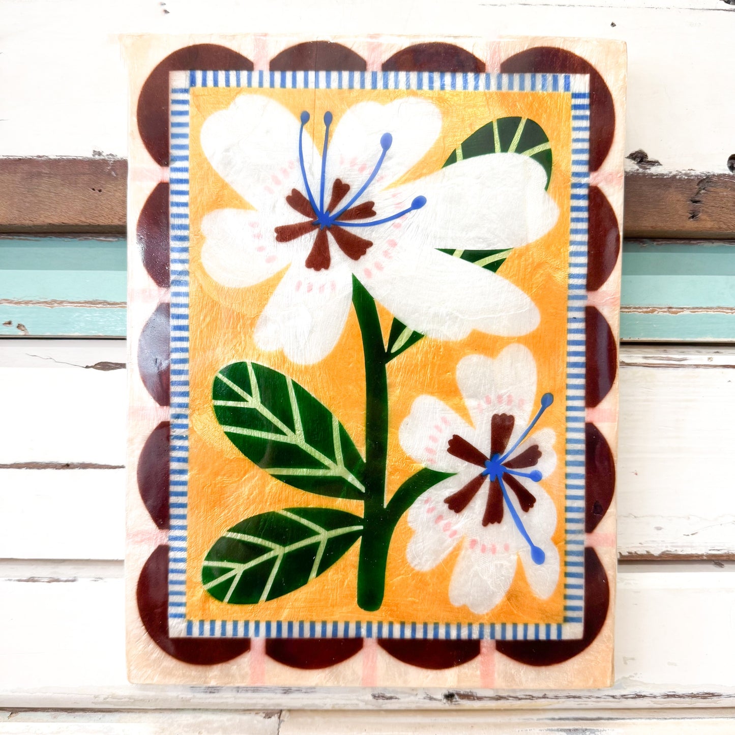 Jones and Co CAPIZ SHELL TILE IN BROWN TONES WITH YELLOW BACKGROUND AND WHITE FLOWERS