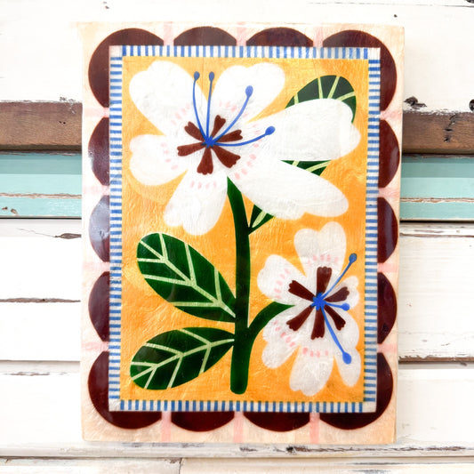 Jones and Co CAPIZ SHELL TILE IN BROWN TONES WITH YELLOW BACKGROUND AND WHITE FLOWERS