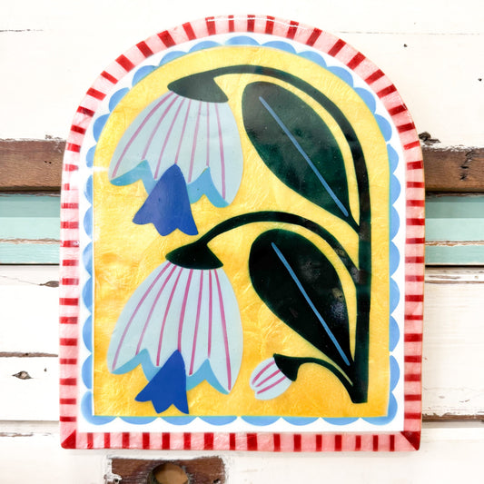 Jones and Co Capiz shell art tile arch with handpainted flowers