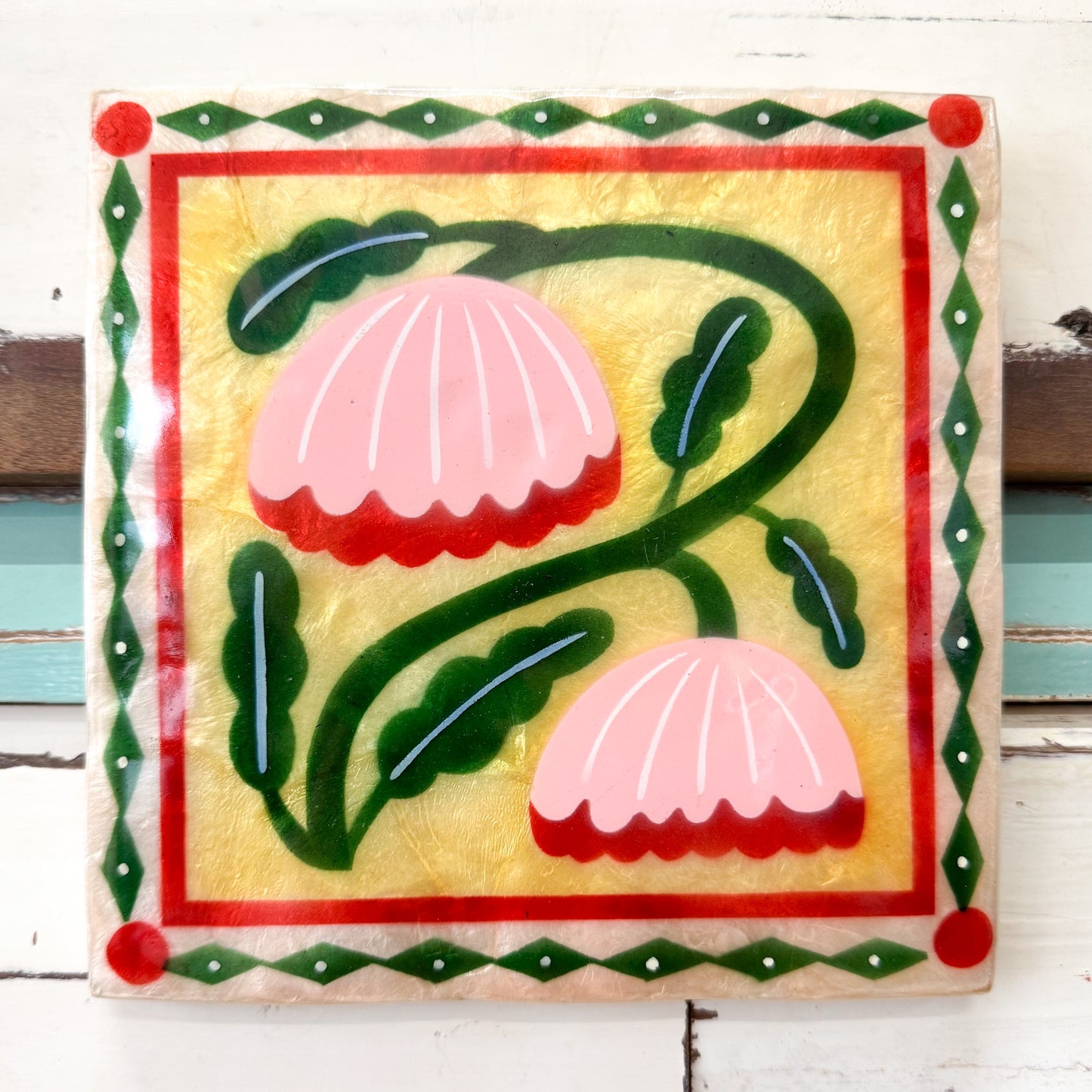 Jones and Co Pink flowers on yellow background handpainted on capiz shell tile