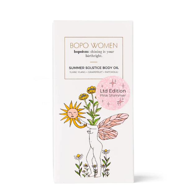 A deeply hydrating & gorgeous pink shimmer oil with a delicate floral scent of ylang ylang, grapefruit, mandarin and sweet orange. Available at The Brightside Store.