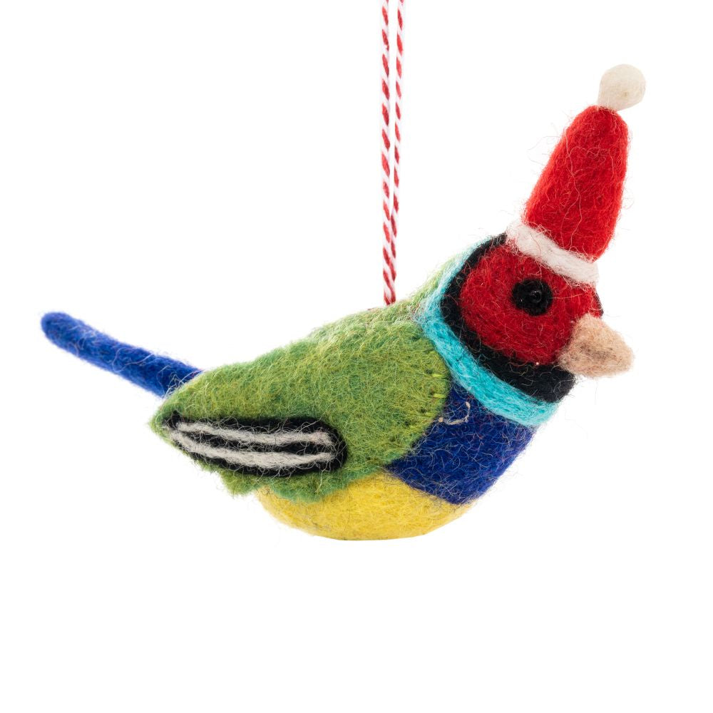 Colorful bird-shaped ornament with a red hat on a white background - Christmas Decorations- Gouldian Finch Fae