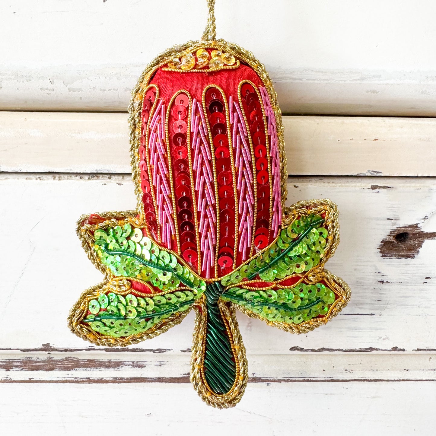 Decorative ornament red Banksia flower with green leaves, Christmas Decorations - Banksia Beauty Decoration