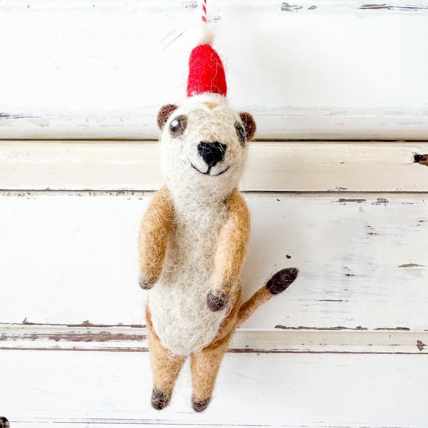 Felted animal ornament meerkat wearing a red and white hat - Christmas Decorations - Meerkat Misha