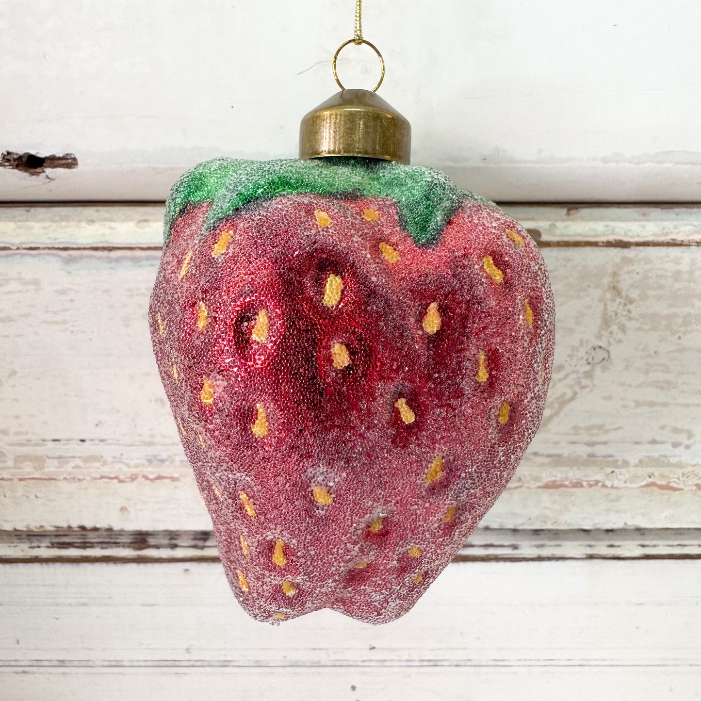 Strawberry-shaped ornament with a gold hook -Christmas Decorations - Sugared Strawberry Decoration