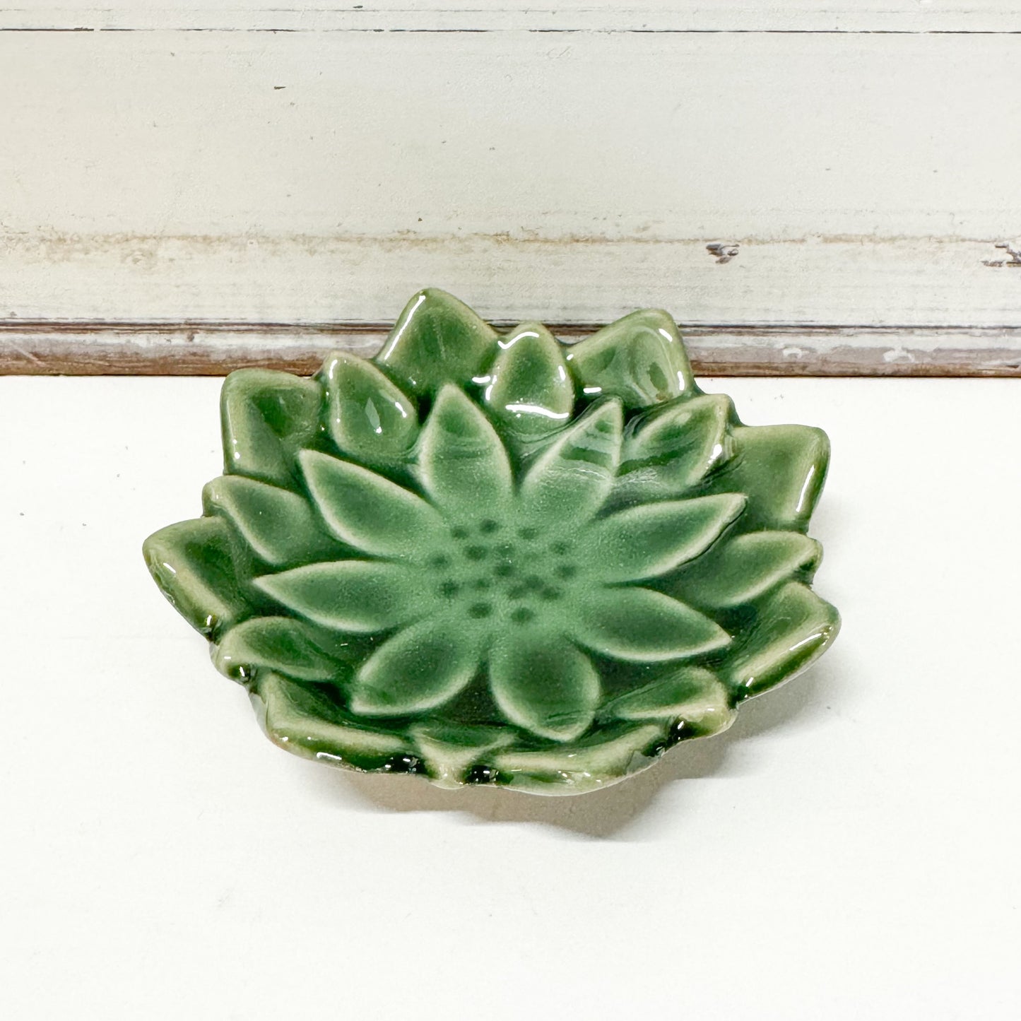 Concept Japan - Dahlia Dish. Green ceramic dish shaped like a flower