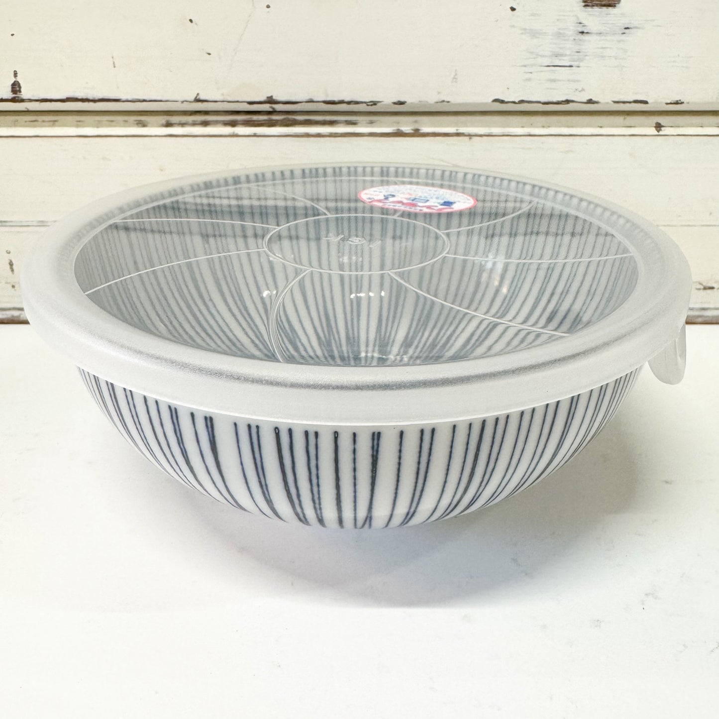 Concept Japan - Hosotogusa Large Bowl with Lid. Large white bowl with blue stripes and a clear lid