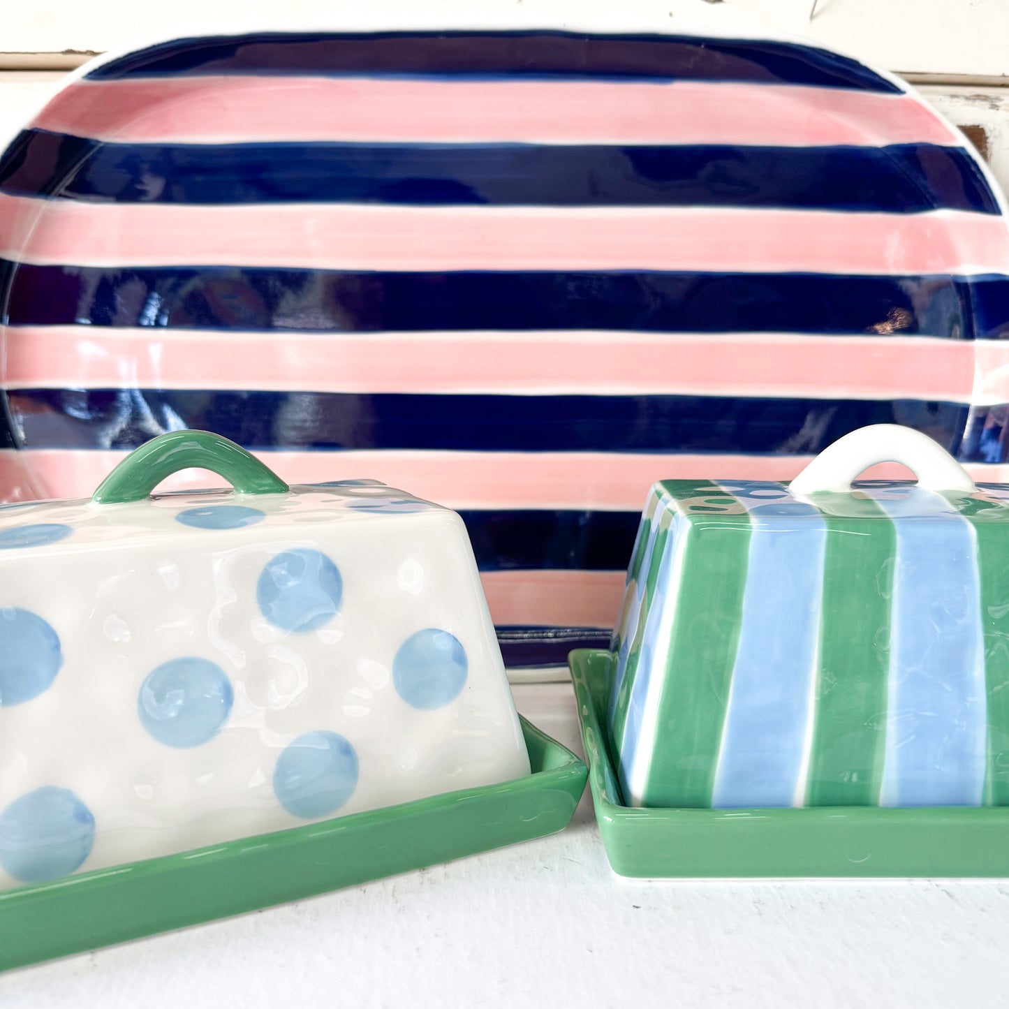Butter Dish - Cornflower Blue & Green
