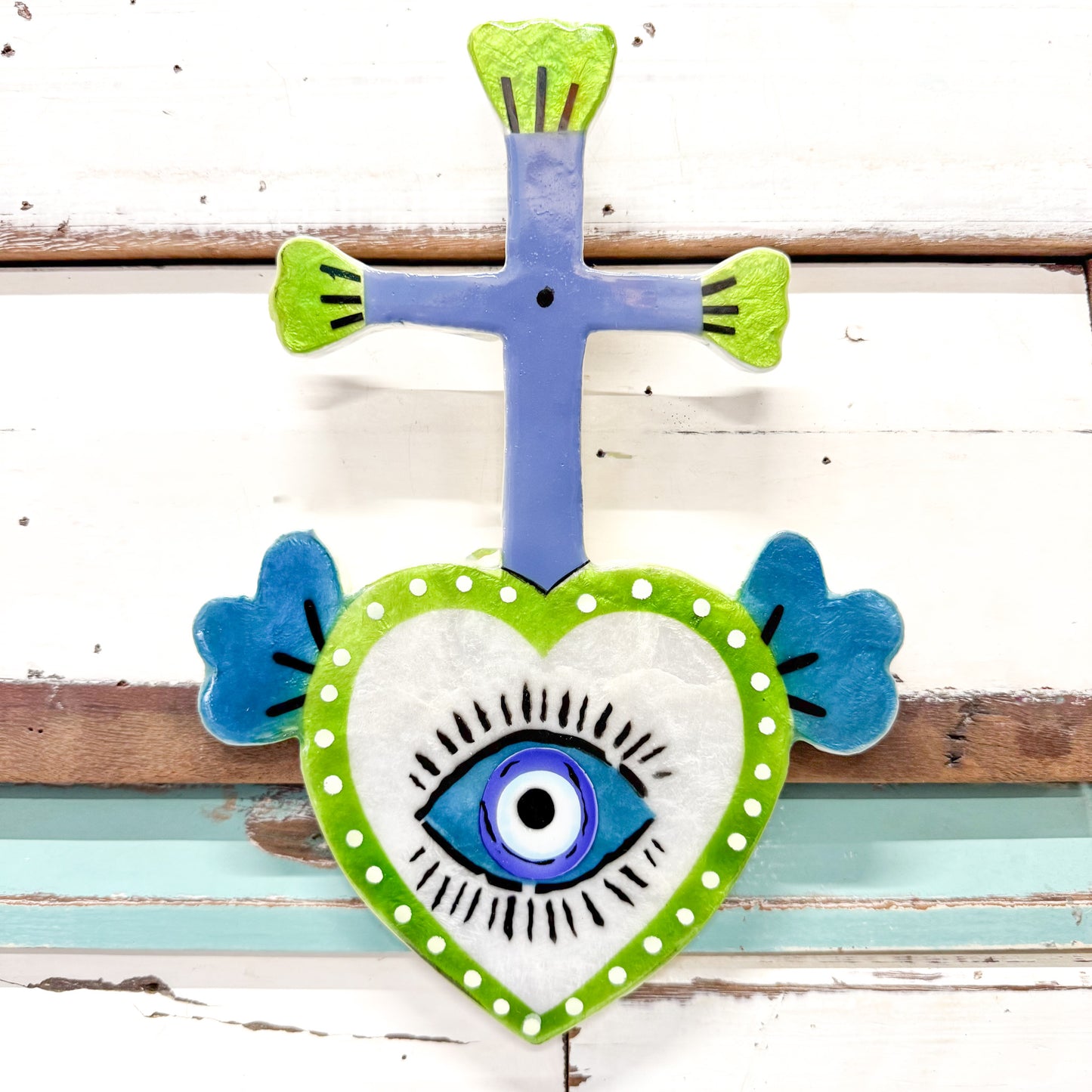 jones and co heart cross eye capiz shell art