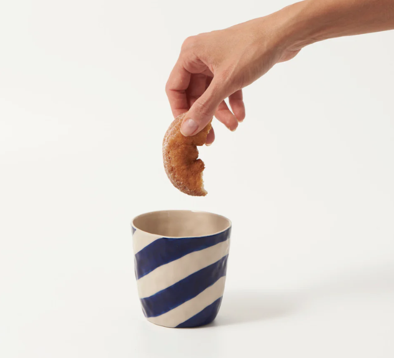 JONES AND CO CERAMIC TUMBLER WITH BLUE DIAGONAL STRIPES