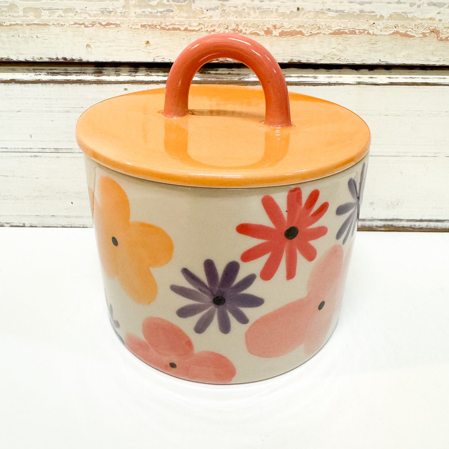 JONES AND CO CERAMIC SUGAR BOWL WITH ORANGE LID AND FLOWERS