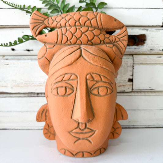 JONES AND CO TERRACOTTA CLAY VASE WOMANS HEAD WITH FISH DESIGN