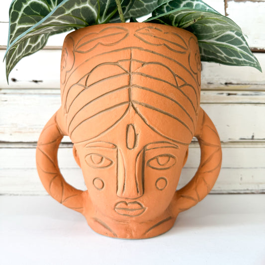 JONES AND CO TERRACOTTA CLAY VASE WOMANS HEAD WITH HANDLES DESIGN