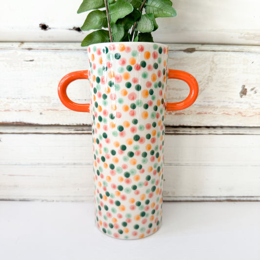JONES AND CO SPOTTY ORANGE HANDLED VASE CERAMIC