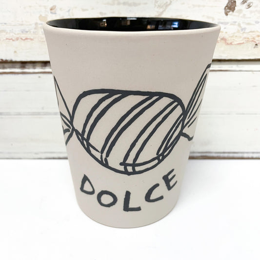 JONES AND CO CERAMIC CUP BLACK AND WHITE LOLLY DESIGN