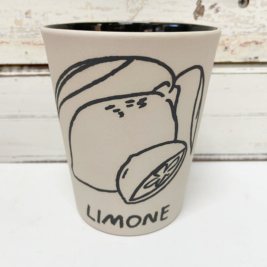 JONES AND CO CERAMIC CUP BLACK AND WHITE LEMON DESIGN