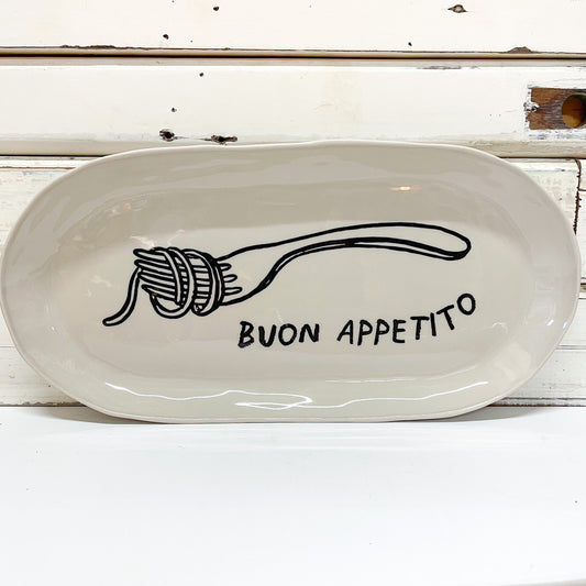 JONES AND CO CERAMIC FORK WITH SPAGHETTI BLACK AND WHTE TRAY