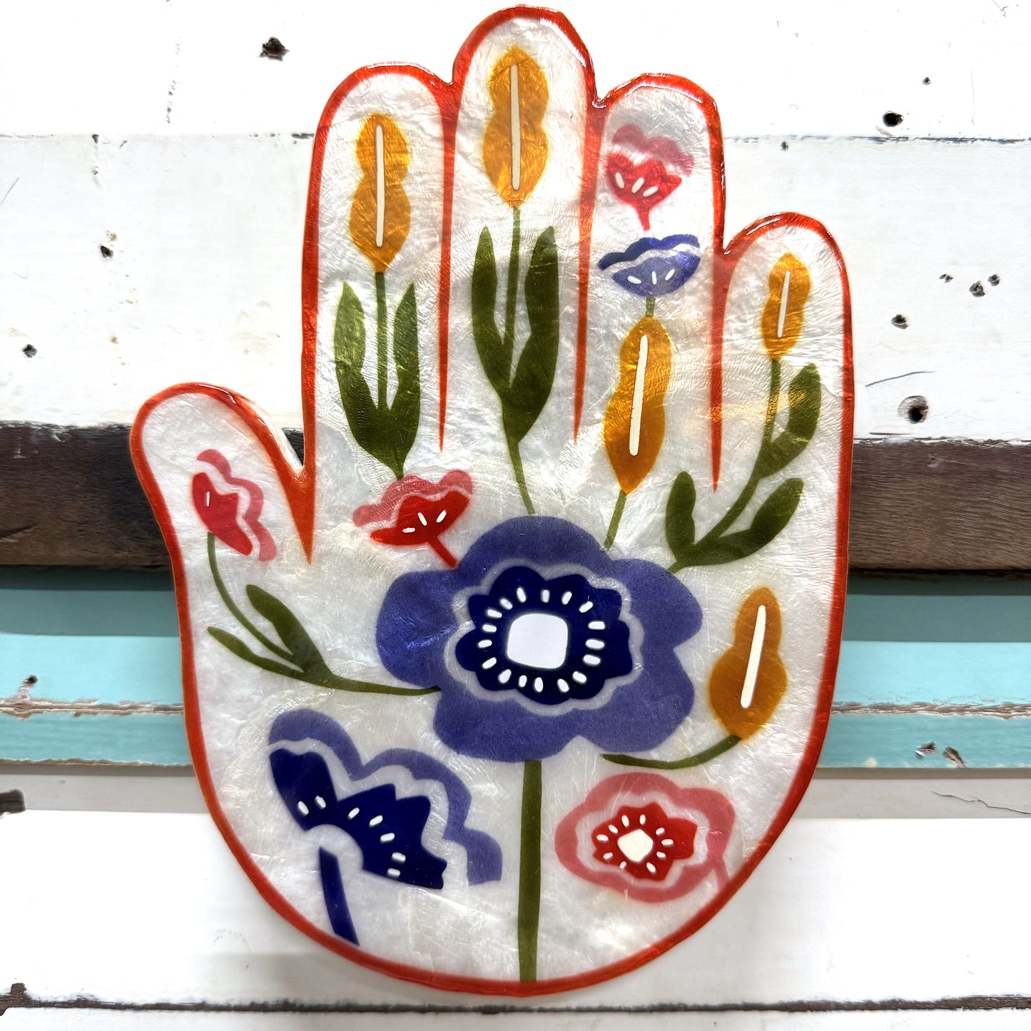 JONES AND CO HAMSA HAND FLOWER CAPIZ SHELL ART