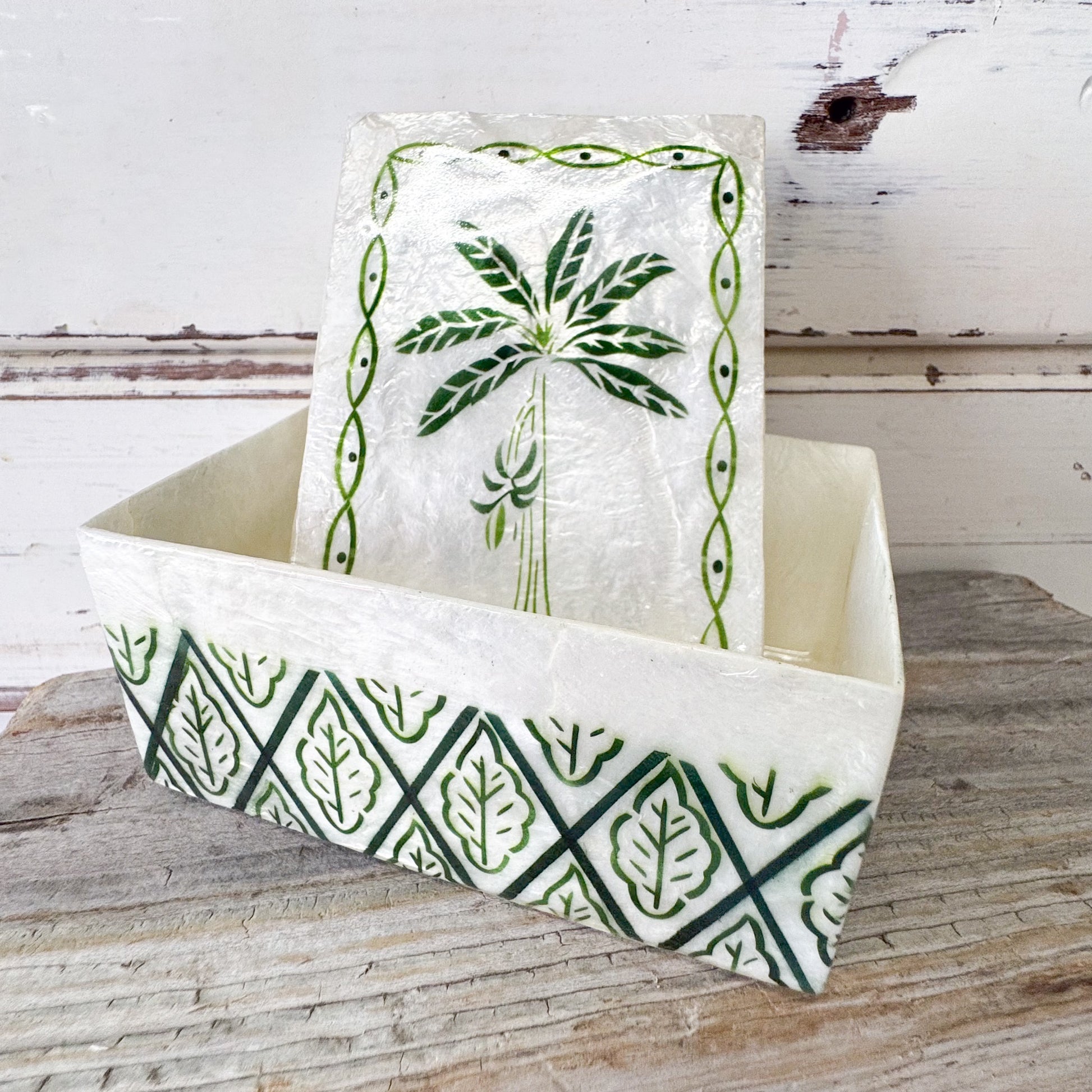 Decorative capiz shell box with green leaf pattern by Jones & Co - Atlantic Green Palm Box
