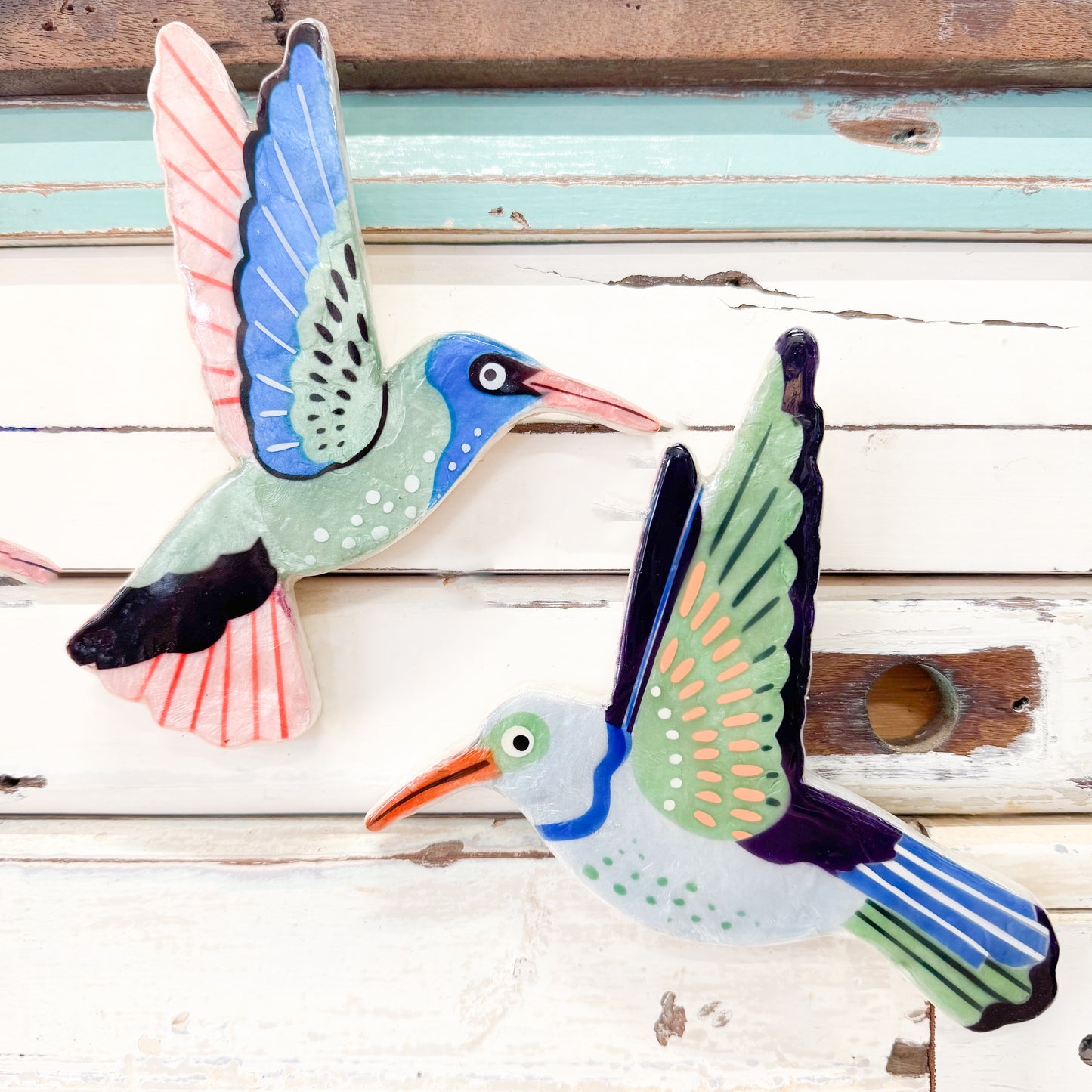 Two colourful hummingbirds made out of shiny capiz shell - Jones & Co - Canopy Hummingbird Set/2