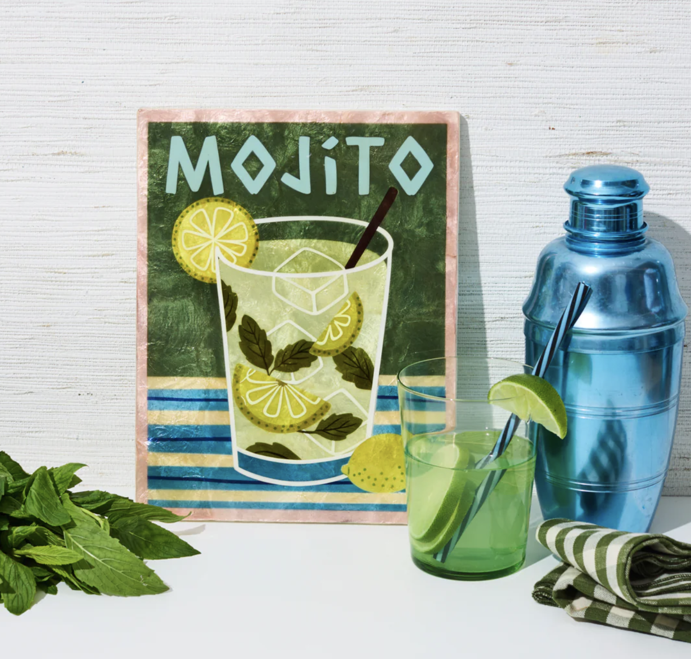Mojito-themed decorative sign with a glass of mojito, lime slices, and mint leaves. Jones & Co - Happy Hour Mojito Tile