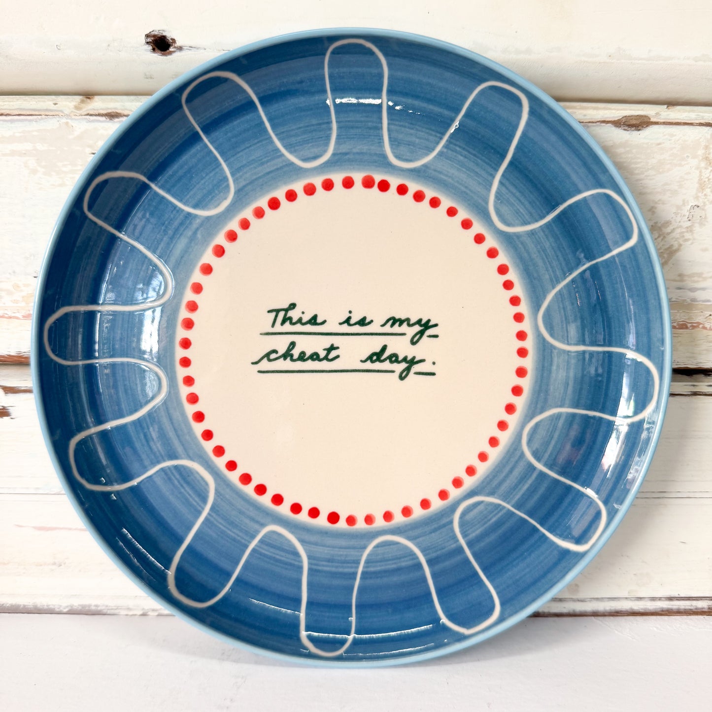 Blue ceramic plate with white decorative rim and 'This is my cheat day' text Jones & Co - Love Notes Plate - Cheat Day