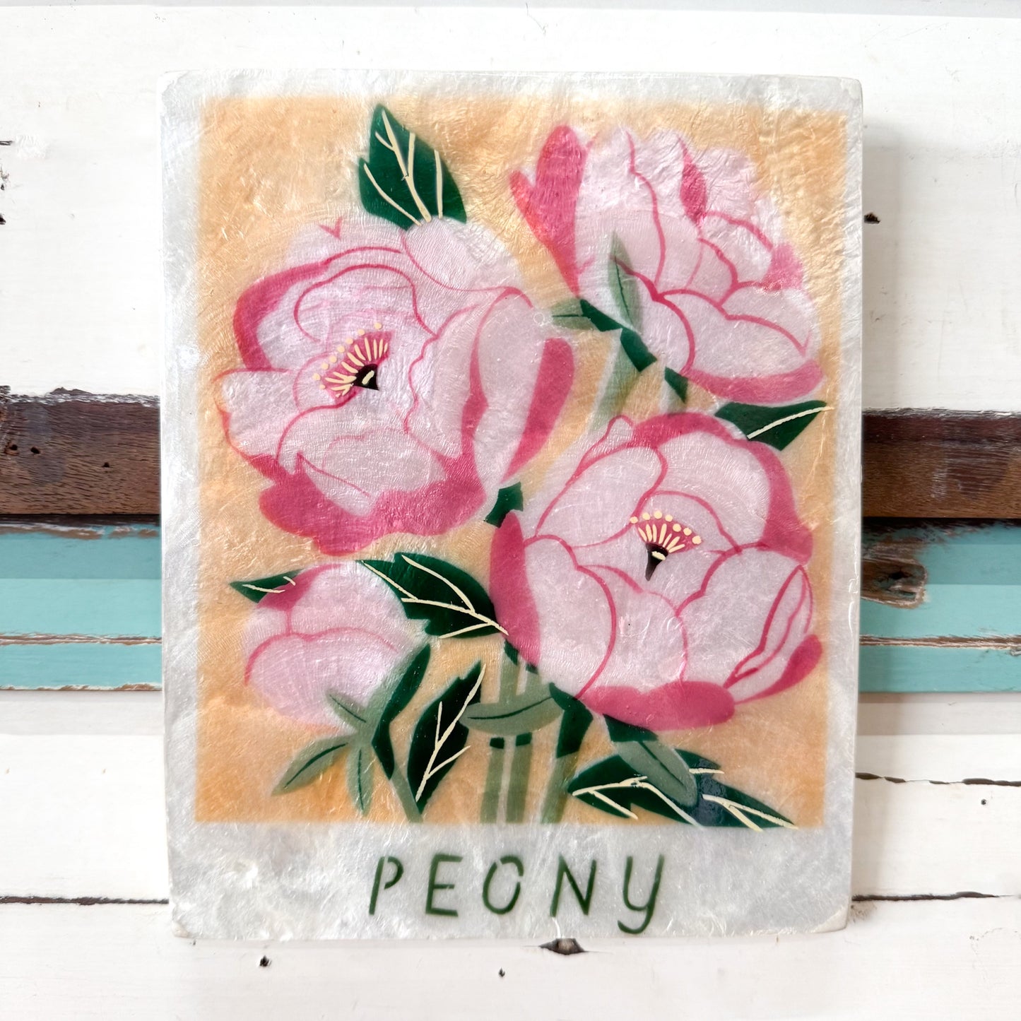 Jones & Co - Market Wall Art Peony Decorative cAPIZ SHELL TILE with a floral peony design on a white background