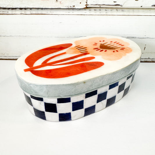 Decorative capiz shell box with floral design and checkered pattern on a white background