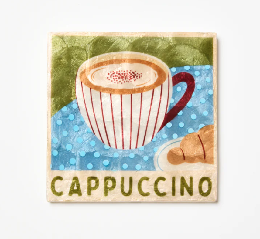 Decorative tile with a cappuccino cup and croissant on a polka dot background