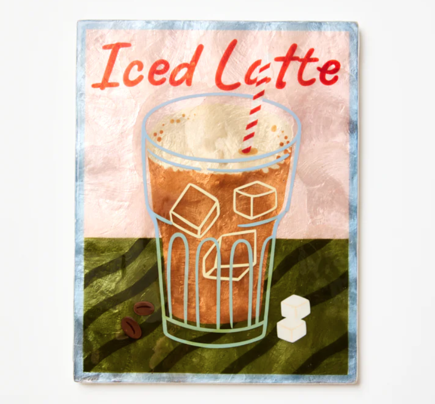 Illustration of an iced latte with ice cubes and a straw on a colorful background.
