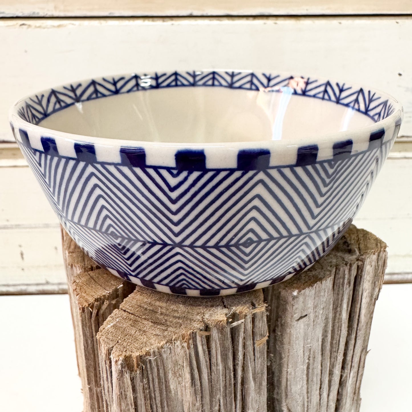 Jones & Co Caravan Snack Bowl - Indigo - small ceramic bowl with navy geometric pattern