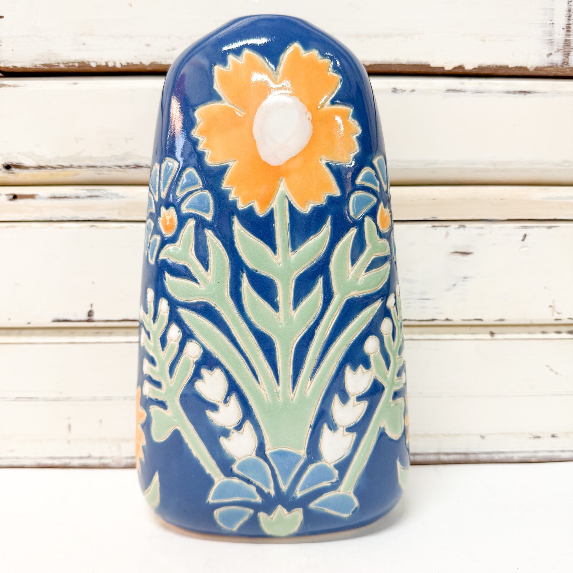 Jones & Co Pollen Bouquet Tall Vase - tall deep blue ceramic vase with yellow flower
