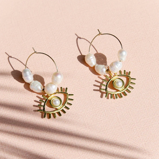 Kingston Jewellery Gold Eye Pearl Hoops earrings