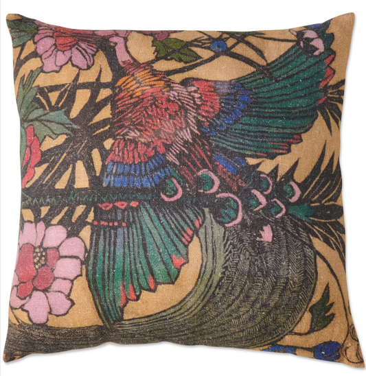 Kip & Co - Bird Of Paradise Upholstery Cushion Decorative pillow with a colourful bird and floral pattern on a beige background available at The Brightside Store