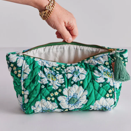 Kip & Co - Tumbling Flowers Green Velvet Toiletry Bag. Green floral-patterned pouch