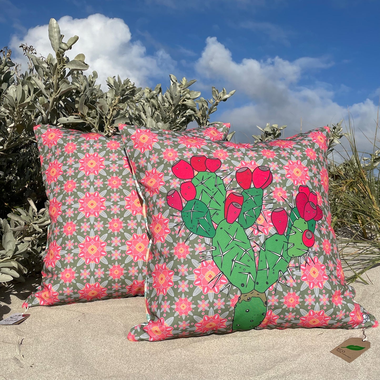 LOST AND FOUND ART CO Prickly Pear 60cm Cushion. Decorative pillows with cactus and floral patterns