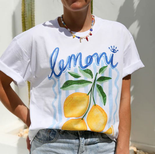 white tee shirt with lemon design