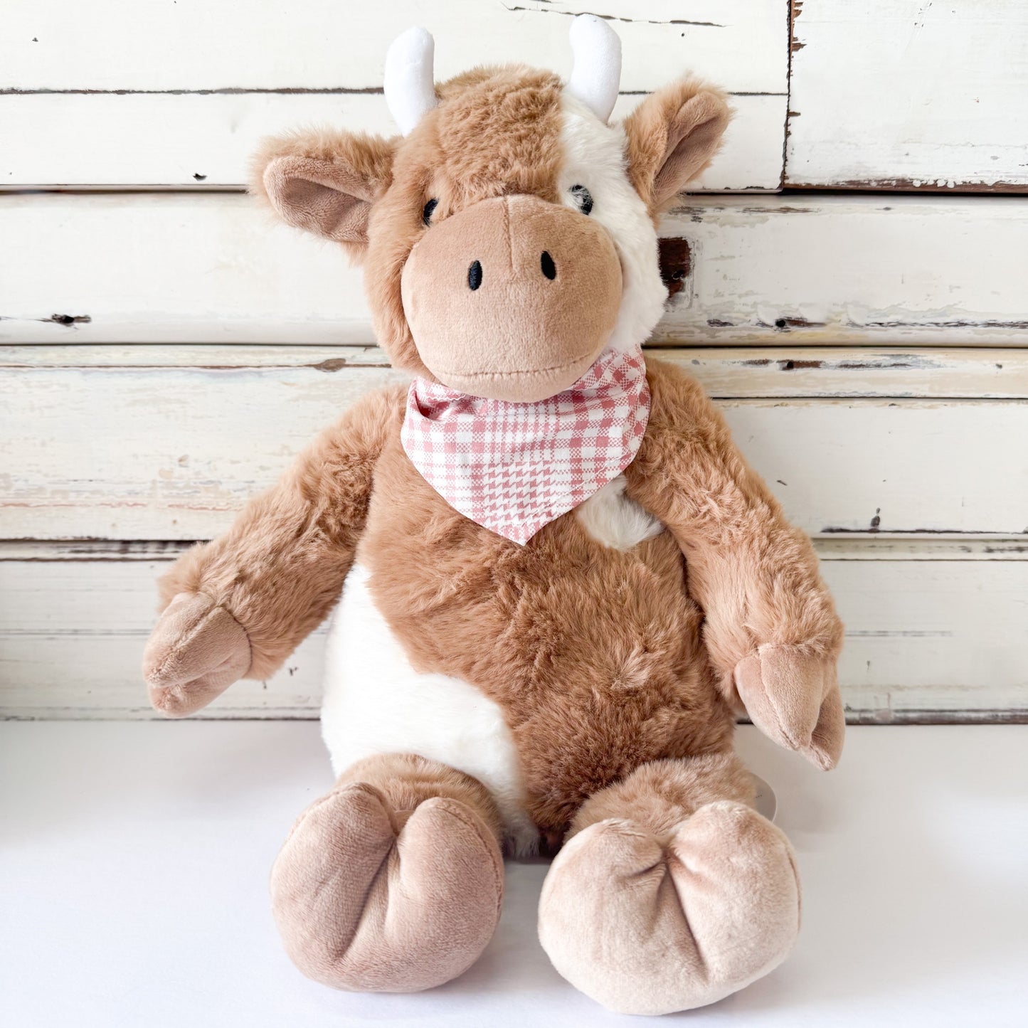 Lily & George - Daisy The Cow. Plush soft teddie cow with brown & white fur and a checkered bandana