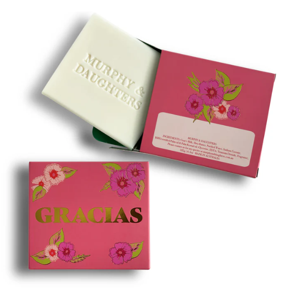 Murphy & Daughters - Gracias (Frangipani) Soap . Pink box with floral designs and 'Murphy & Daughters' Frangipani soap