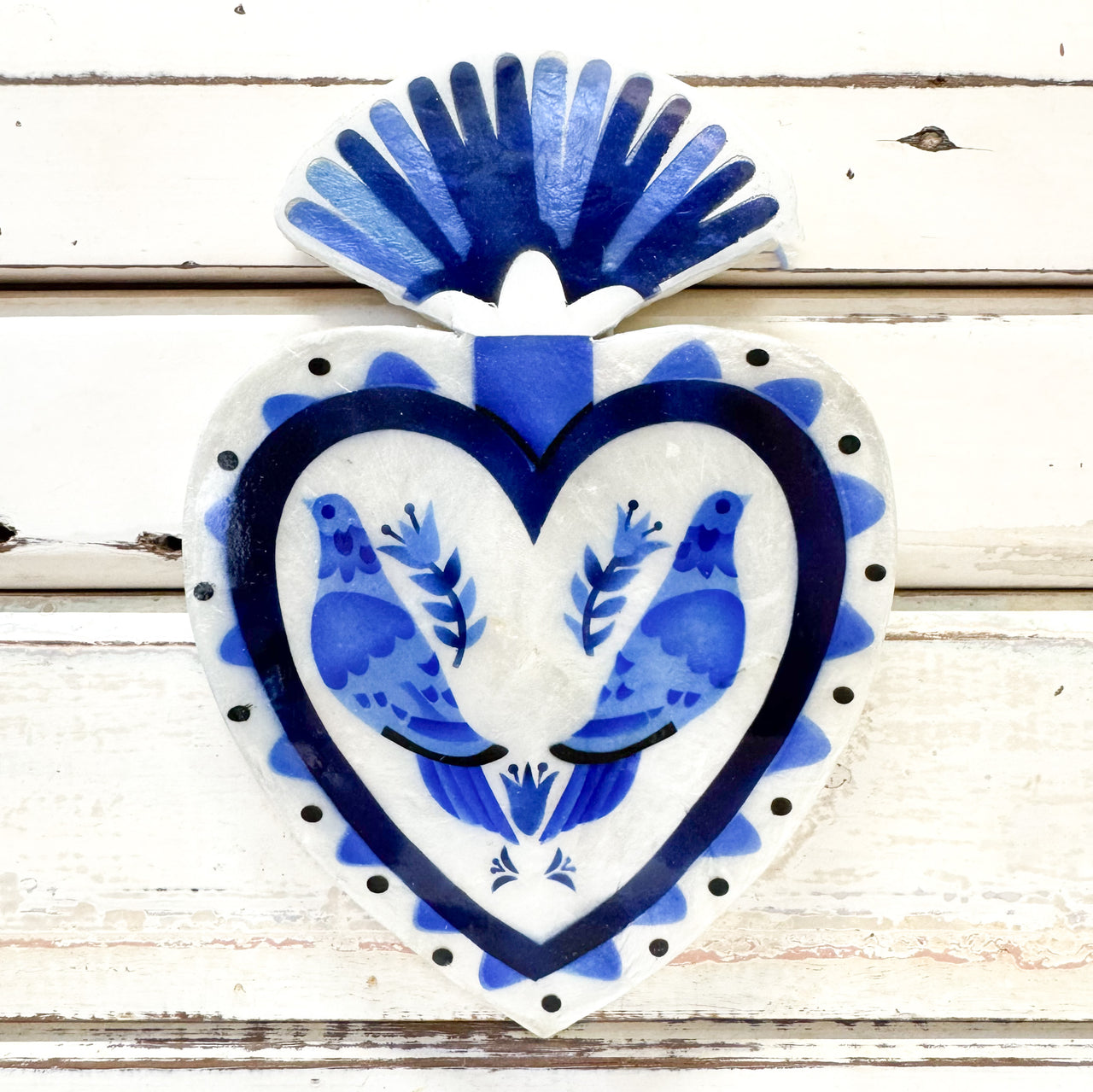 Capiz shell tile art blue & white heart with two birds