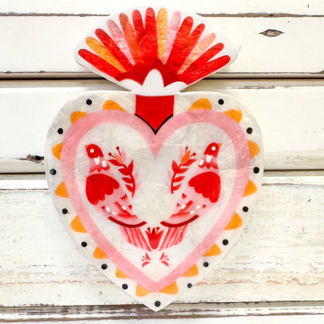 Capiz shell pink heart with two birds